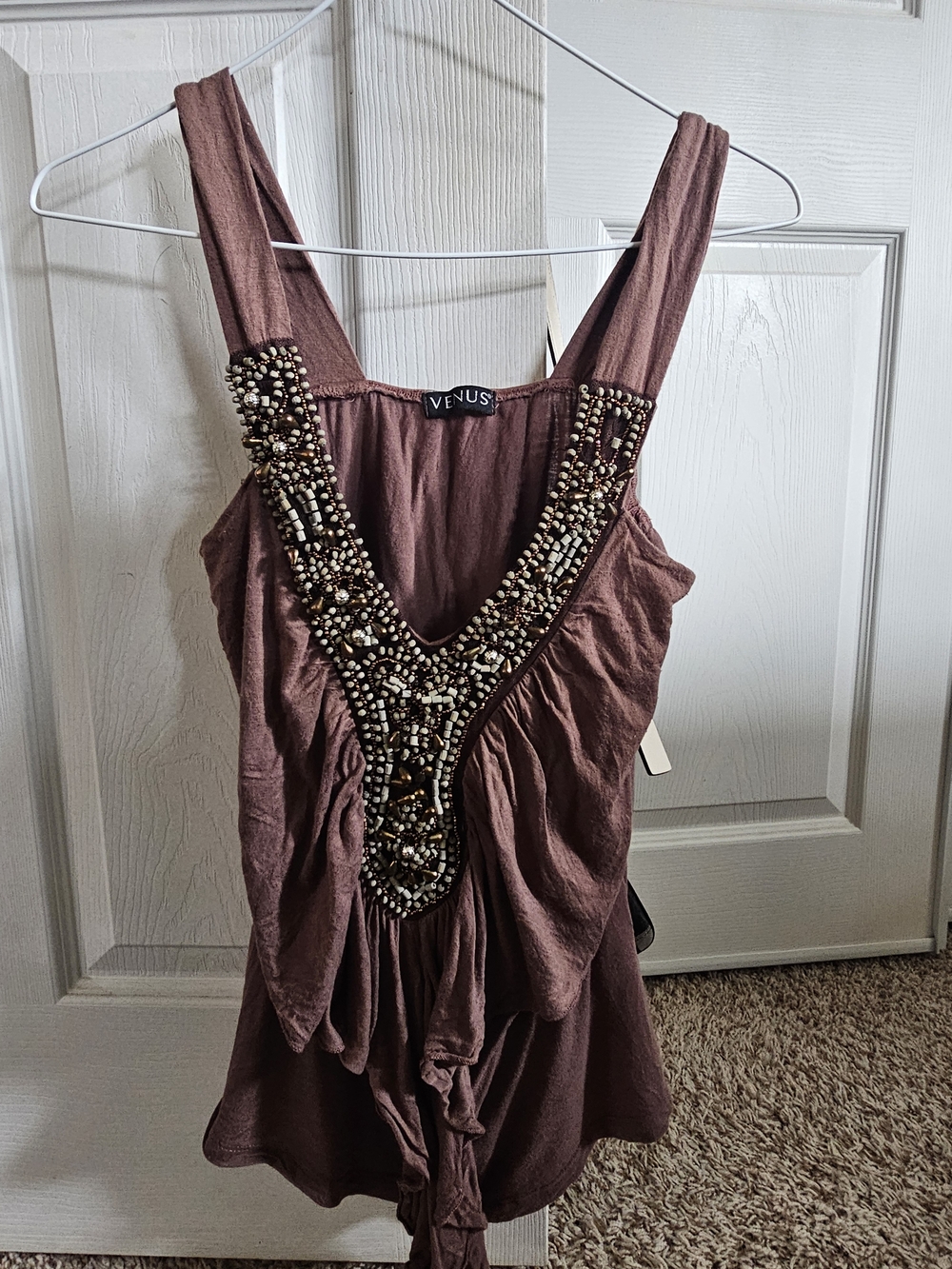 Venus Beaded V-Neck Brown Tank